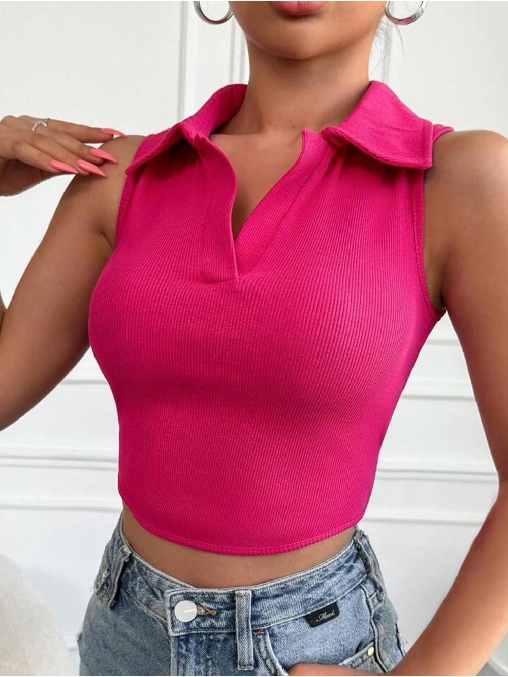 Sleeveless Collared Ribbed Crop Top - Hot Pink